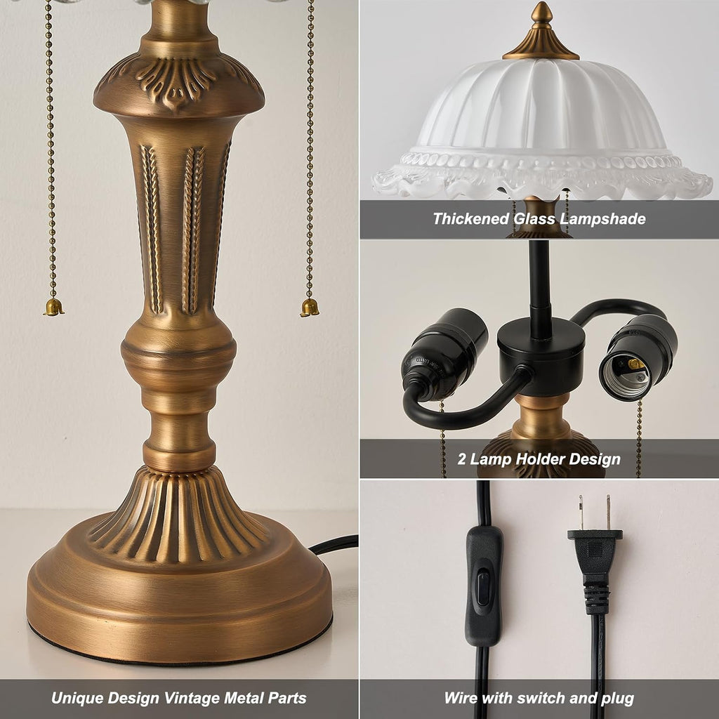 HDDFL Glass Shade Table Lamp 2 Lights Vintage Metal Desk Lamp with Plug Switch for Bedroom Living Room Home Office Brass and White
