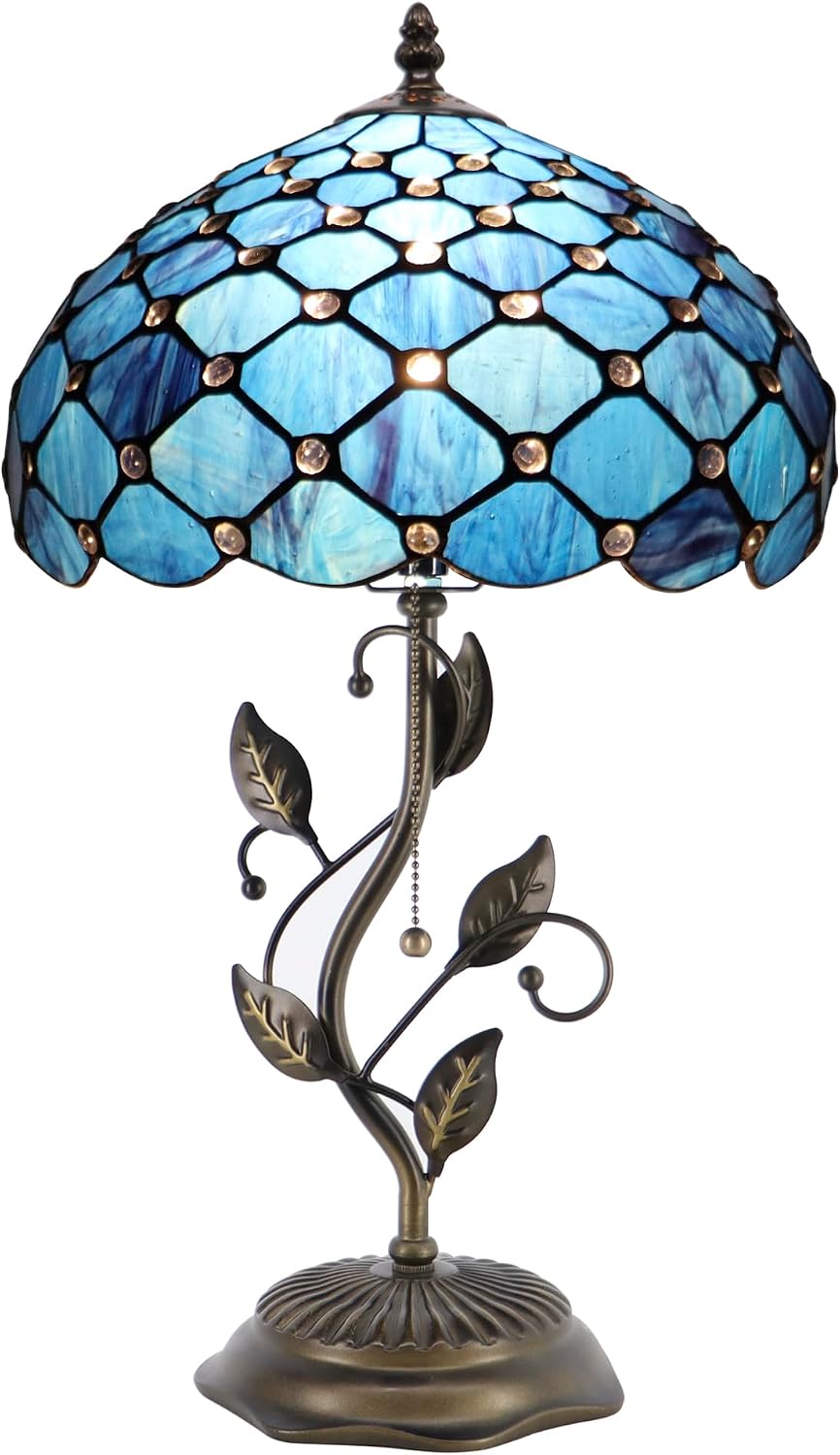 Tiffany Table Lamp, Stained Glass Style Desk Lamp, 12X12X19 Inch,Bedside Reading Light, Metal Leaf Base（Blue Beads Style