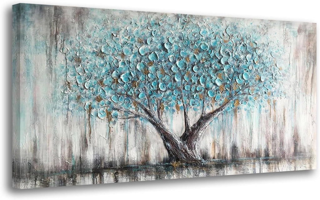 Arjun Tree Wall Art Canvas for Living Room Blue Tree of Life Nature Teal Abstract Textured Painting Picture Modern Panoramic Landscape Artwork Framed Bedroom Home Office Decor, Extra Large 58'x29'