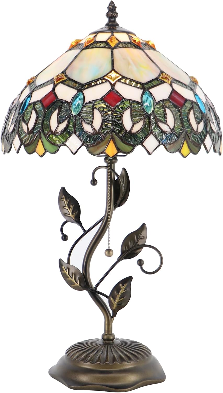 Tiffany Table Lamp, Stained Glass Style Desk Lamp, 12X12X19 Inch,Bedside Reading Light, Metal Leaf Base (Seven Color Baroque)