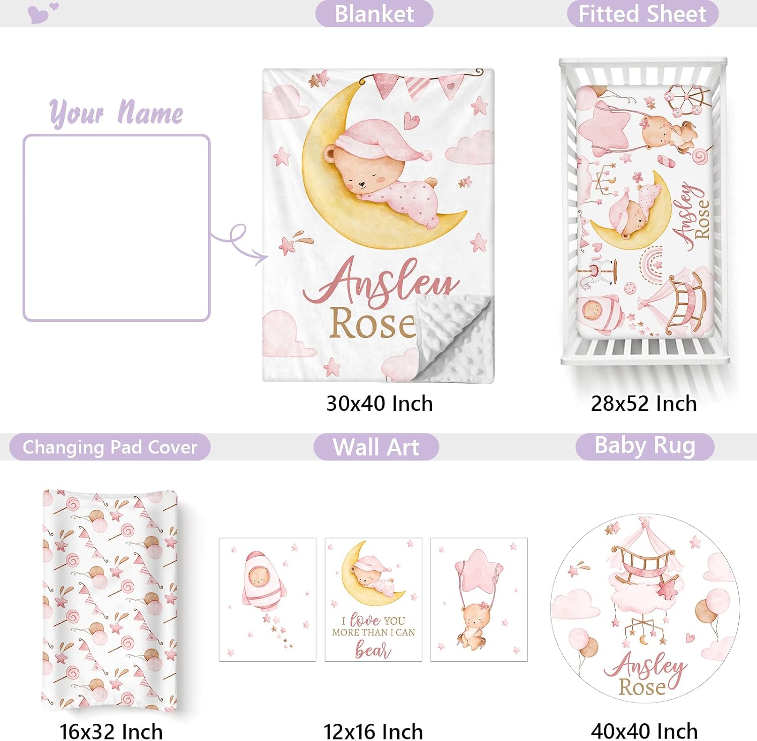 Custom Baby Crib Bedding Set, 5 PCS Personalized Name Baby Crib Sets for Girls Boys, Pink Bear Theme Nursery Bedding Sets for Infant Toddler, Double Layer Flannel Bed Set Customized Gifts