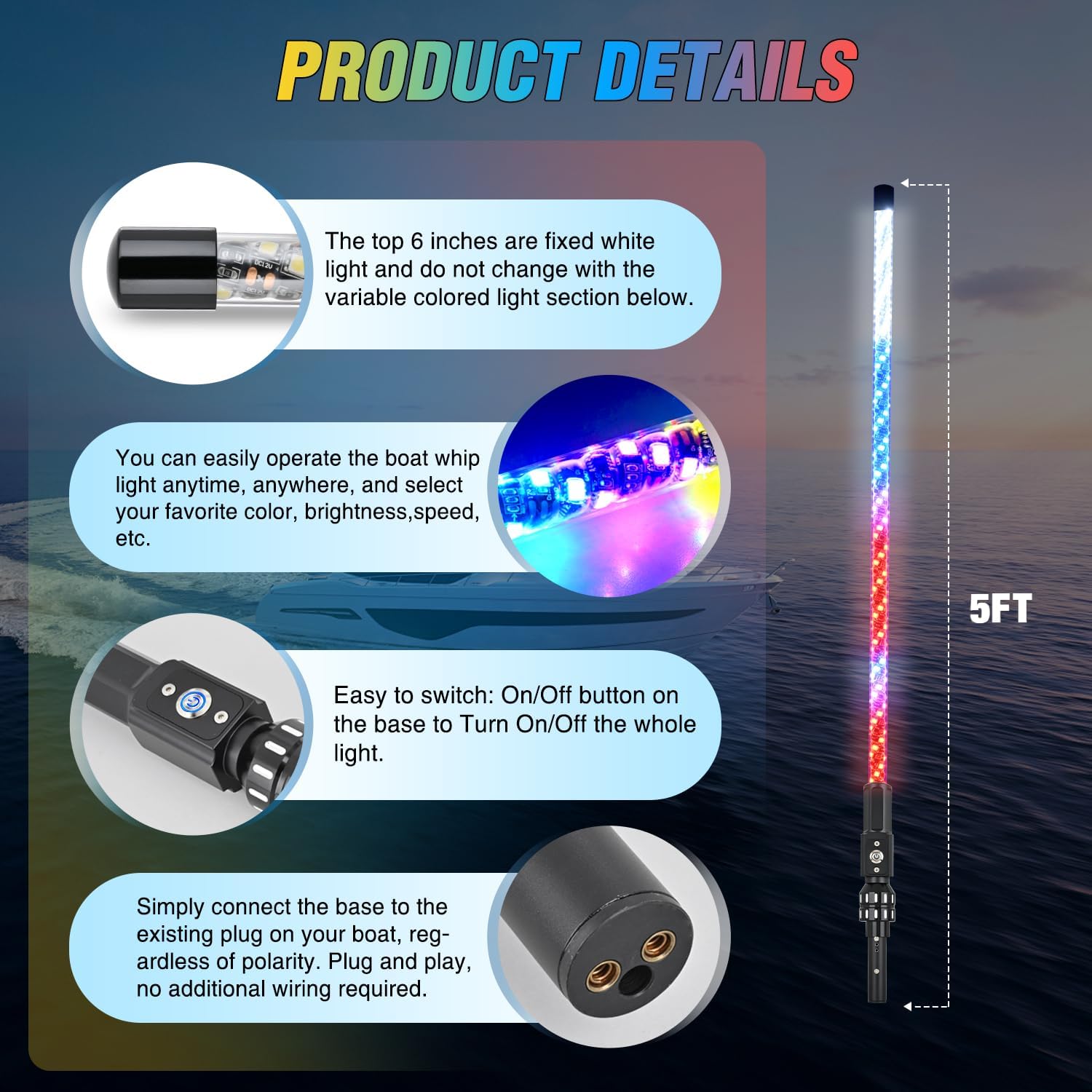 Nilight Boat Navigation Light 5FT Spiral LED Whip Lights 360° Visibility 2NM Coast Guard Compliant 400+ Patterns with Remote Plug-in Base Boats Stern Navlight for Night Fishing, Yacht, Pontoon