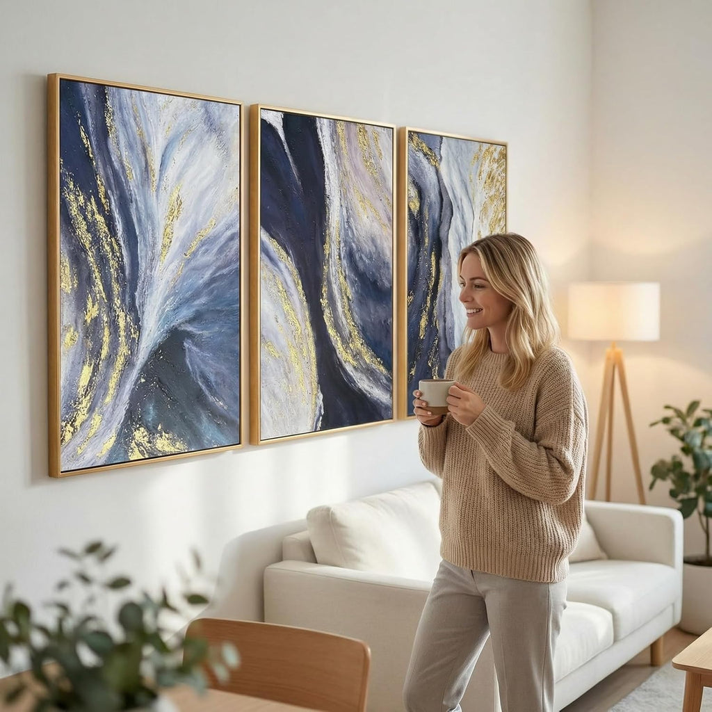 3 Piece Abstract Wall Art for Living Room, Blue and Gold Fluid Art Canvas Painting with Gold Frame for Office, Modern Luxury Wall Decor for Bedroom Ready to Hang 72x36 inches