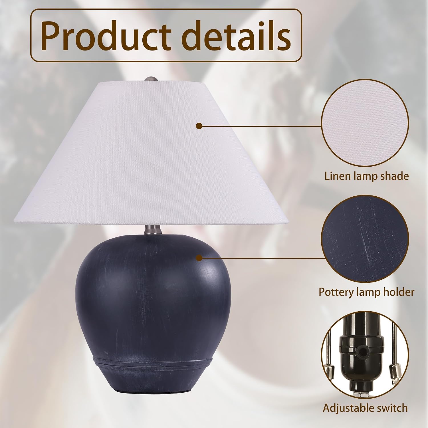 Farmhouse Ceramic Table Lamp, 18' Rustic Table Lamp with Linen Shade, ‎Bedside Nightstand Lamps for Bedroom, Living Room, E26 Socket, Black