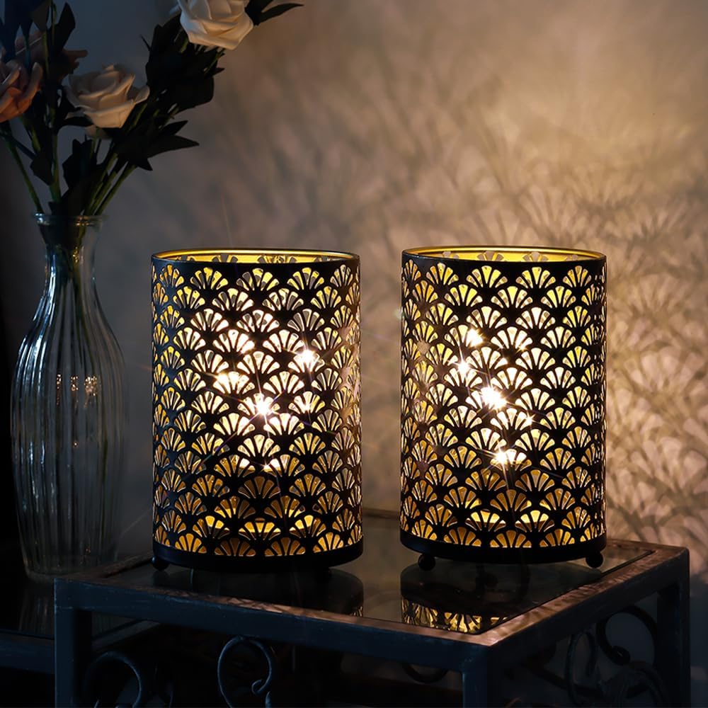 TRIROCKS Set of 12 Table Lamp 6.5'' Tall Metal Cordless Table Lamp Bronze Lanterns with Warm Fairy Lights Bulb for Patio Garden Wedding Parties Indoor Outdoor(Scalloped Hollow Pattern)