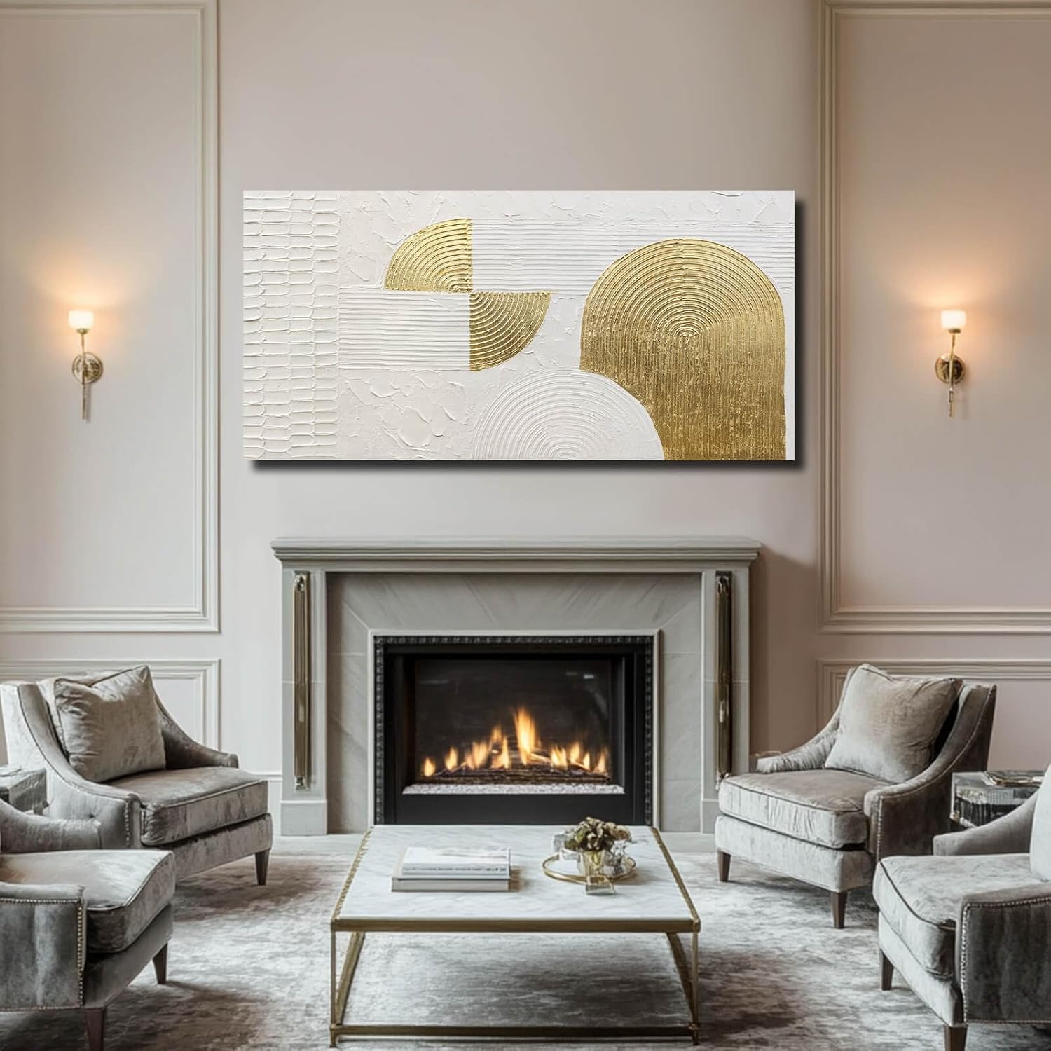 VAYIMDH Large Canvas Wall Art for Living Room Gold Wall Decor White Paintings Abstract Pictures Hand Drawn Arts for Office Hotel 29'x58'