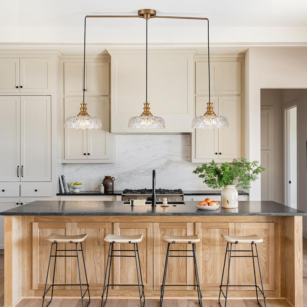 HDDFL Vintage Pendant Lighting Fixtures Modern Glass Hanging Lamp with Adjustable Cord for Kitchen Island Dining Room Hallway 3 Light Brass and Clear