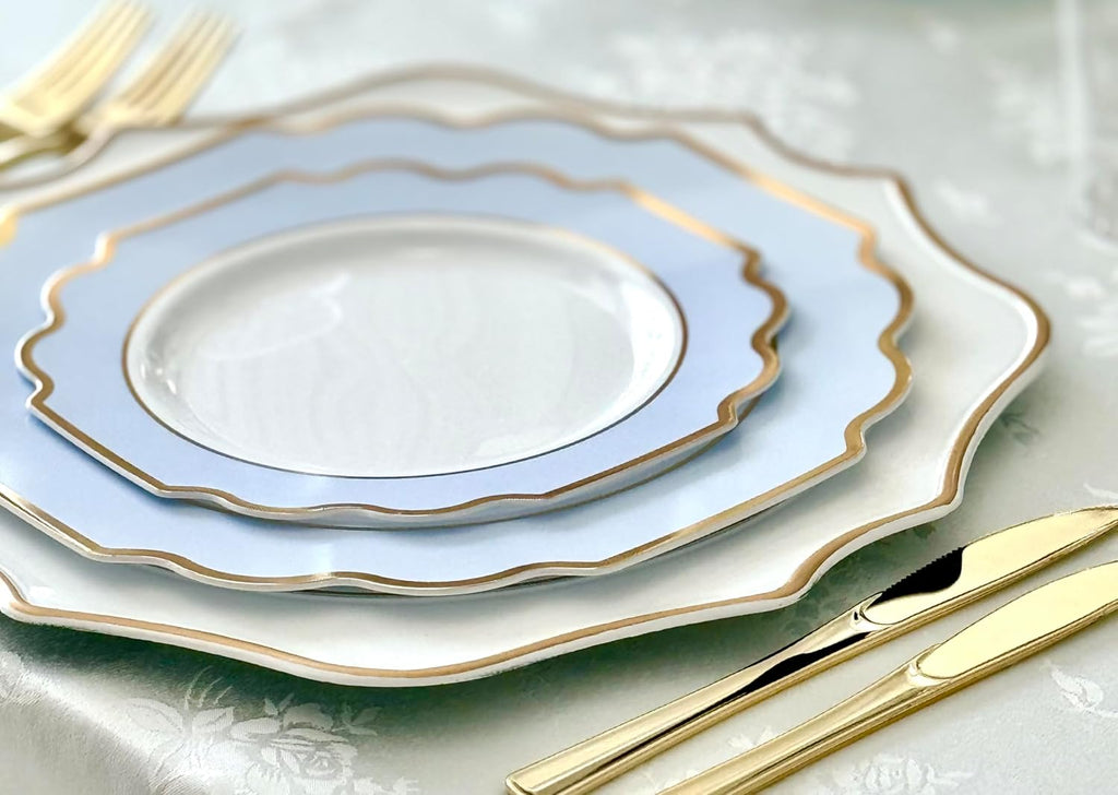 ' OCCASIONS ' 960 Piece set (120 Guests)-Heavyweight Wedding Party Disposable Plastic Plate Set - 120 x 10.5'' + 120 x 8'' + Silverware + Cups + Napkins (Imperial in White & Blue & Gold)