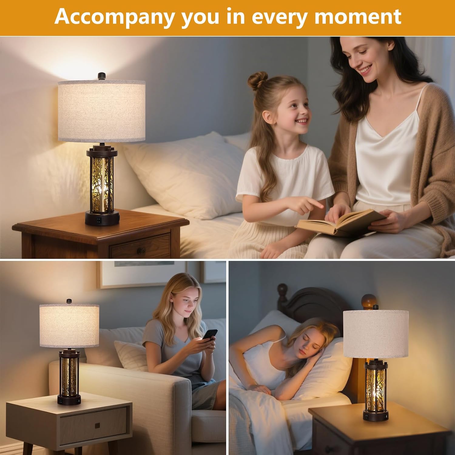 Set of 2 Gold and Bronze Farmhouse Table Lamp,Vintage Bedside Lamp,Rustic Desk Lamp for Bedroom/Living Room/Entryway/Patio/Dining Table,with 2 USB Charging Ports,Bulbs Included,UL Listed