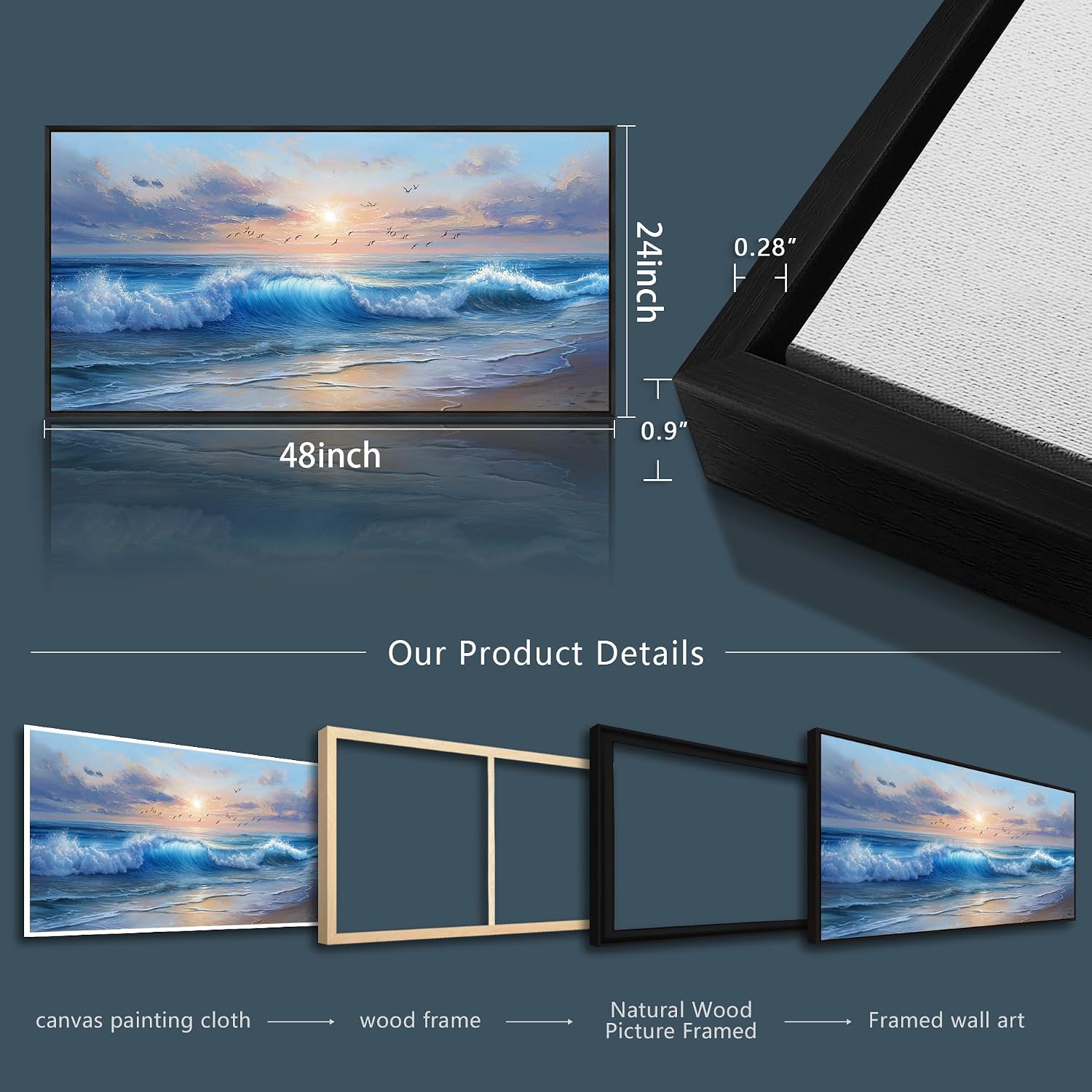 XIGUANGART Ocean Canvas Wall Art, Blue Sea Wave and Large Coastal Beach Paintings Sunset Seascape Pictures Framed Artwork Wall Decor for Living Room Bedroom Bathroom Kitchen Hallway Home Office