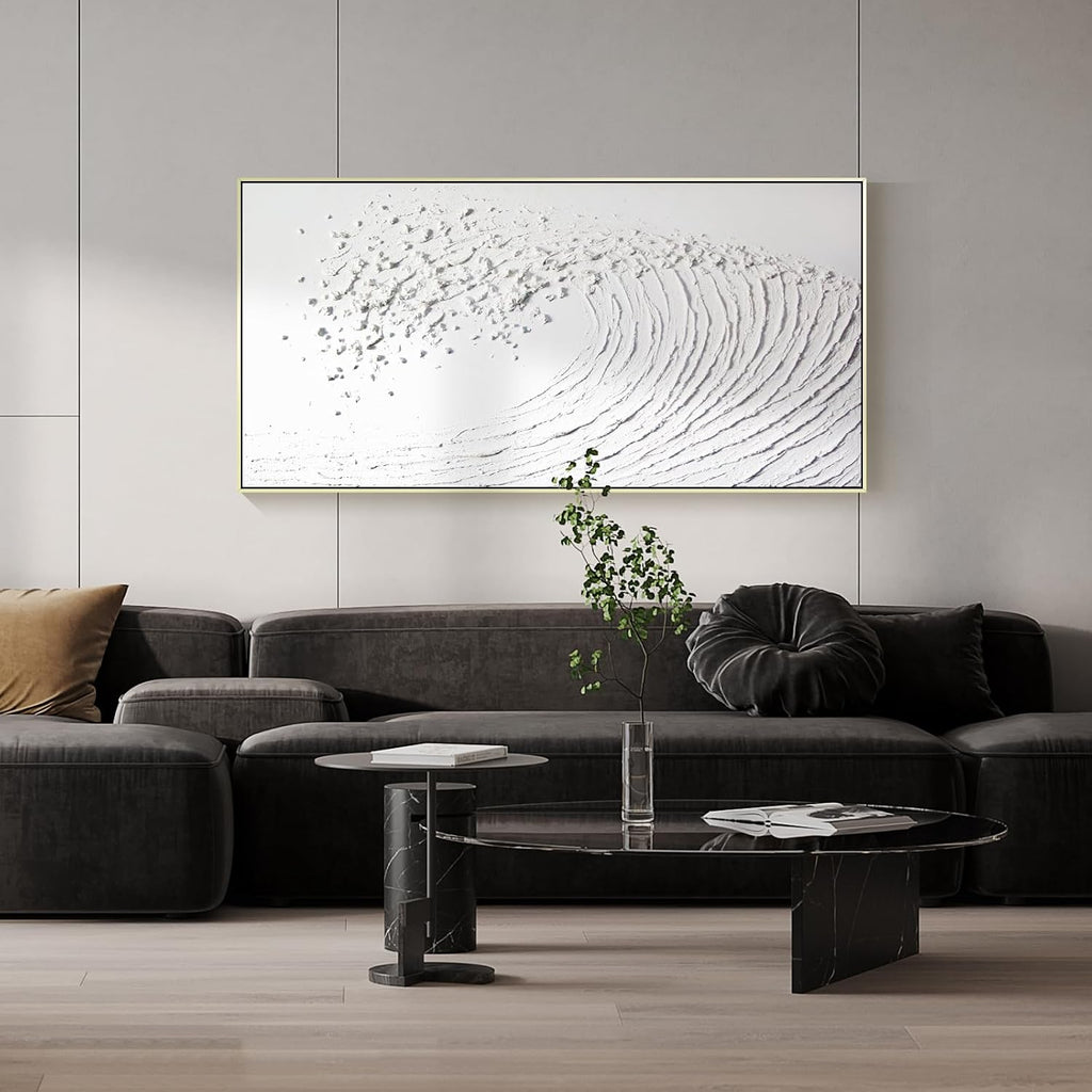 White Hand Painted Oil Painting Wall Art - Large Framed Ocean Waves 3D Textured Home Decor 48x24 Horizontal Canvas Minimalist Artwork Decoration for Living Room Bedroom