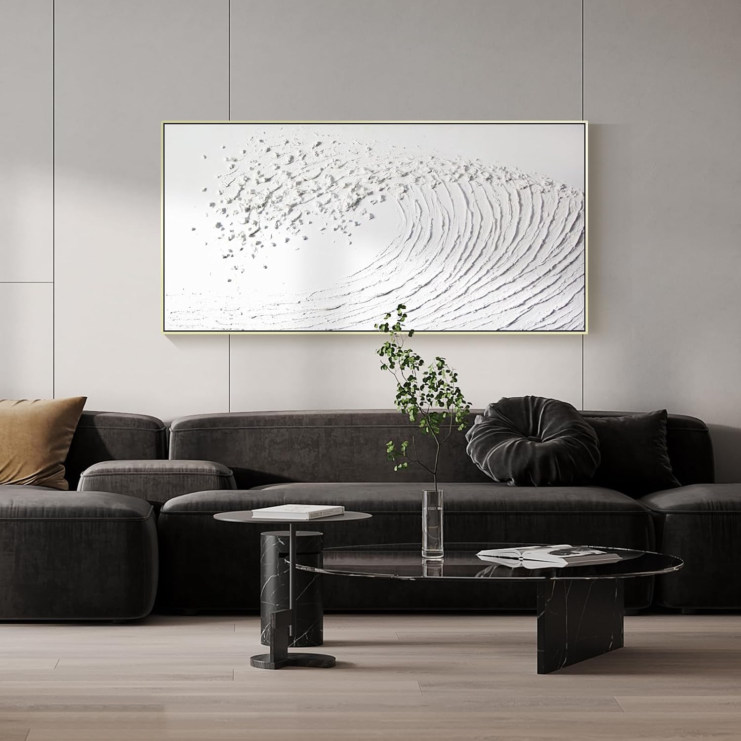 White Hand Painted Oil Painting Wall Art - Large Framed Ocean Waves 3D Textured Home Decor 48x24 Horizontal Canvas Minimalist Artwork Decoration for Living Room Bedroom