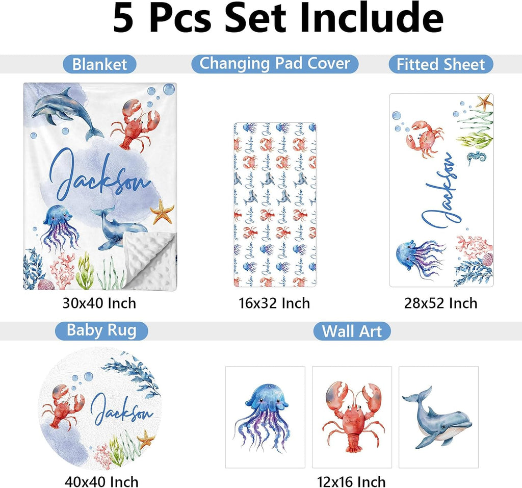 KAINSY Custom Crib Bedding Set 5 Pcs for Girls Boys – Personalized Blue Ocean Animals Theme, Newborn Sleep Set, Nursery Decor, Toddler Room Essentials, Infant Sleep, Baby Room Accessories, Baby Gift