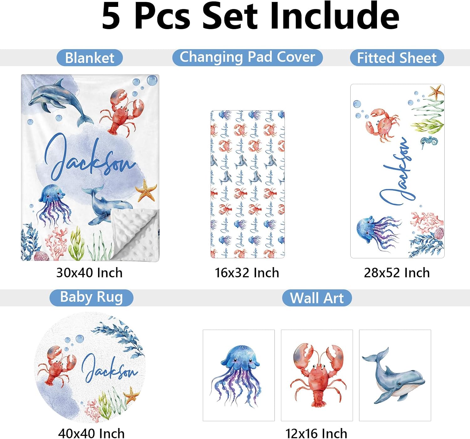 KAINSY Custom Crib Bedding Set 5 Pcs for Girls Boys – Personalized Blue Ocean Animals Theme, Newborn Sleep Set, Nursery Decor, Toddler Room Essentials, Infant Sleep, Baby Room Accessories, Baby Gift