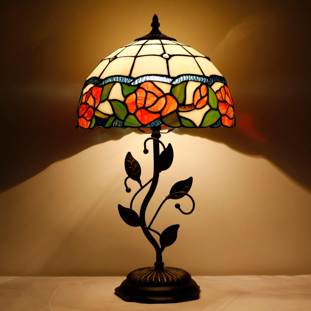 Tiffany Lamp Rose Flower Style Stained Glass Table Lamp Desk Bedside Reading Light 12X12X19 Inches with Metal Leaf Base Decor Bedroom Living Room