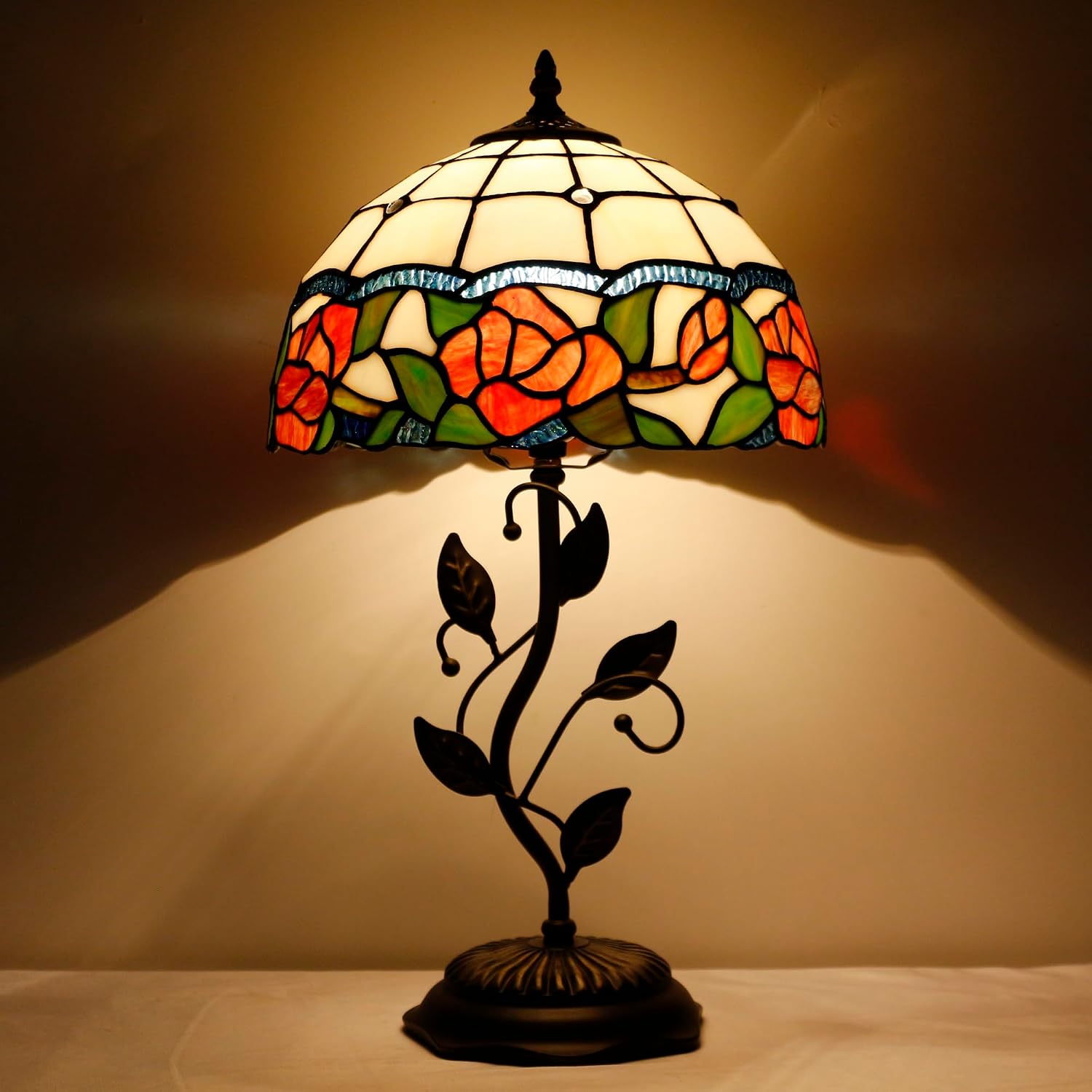 Tiffany Lamp Rose Flower Style Stained Glass Table Lamp Desk Bedside Reading Light 12X12X19 Inches with Metal Leaf Base Decor Bedroom Living Room