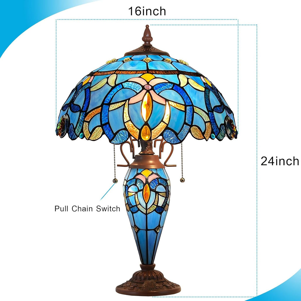 Capulina Tiffany Lamp Stained Glass Table Lamp 3-Light 16x16x24 Inches Blue Brown Style Mother-Daughter Vase Desk Lamp for Bedrooms Living Room Study Home Office