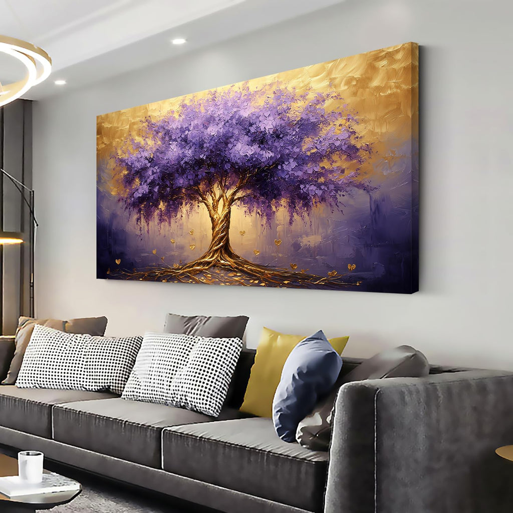 Calming Tree of Life Wall Art for Living Room Office Purple Brown Canvas Painting Prints Large Nature Plant Artwork Home Family Bedroom Decor (28x58 Inches)