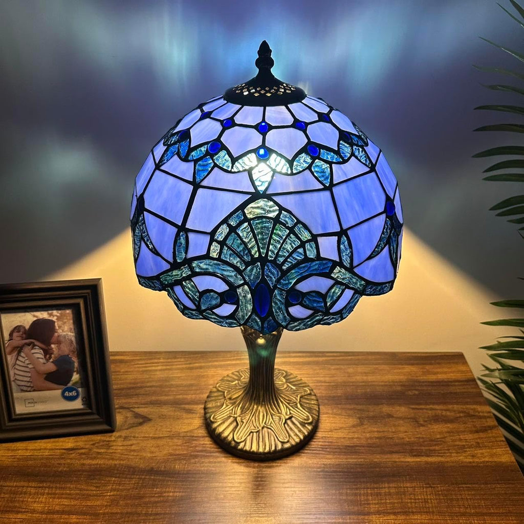 Stained Glass Table Lamp Blue Baroque Style LED Bulb Included for Living Room Bedroom Bedside 12' W*12' D*19' H