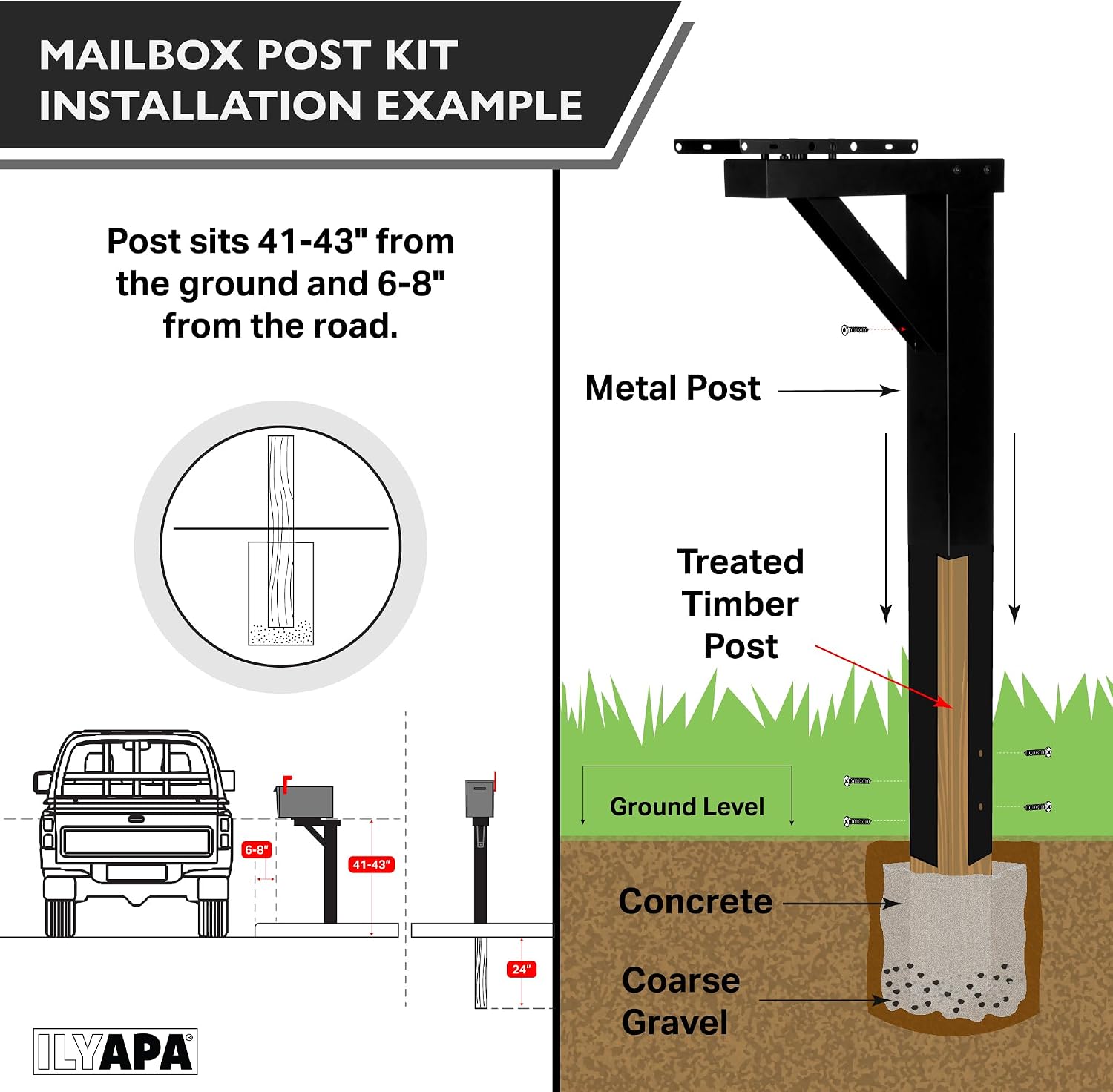 Ilyapa Modern Black Post Mount Mailbox with Gray Door & Waterproof Steel; Includes Heavy-Duty 43' Mailbox Post Sleeve with Universal Mounting Brackets for Parcels & Mail