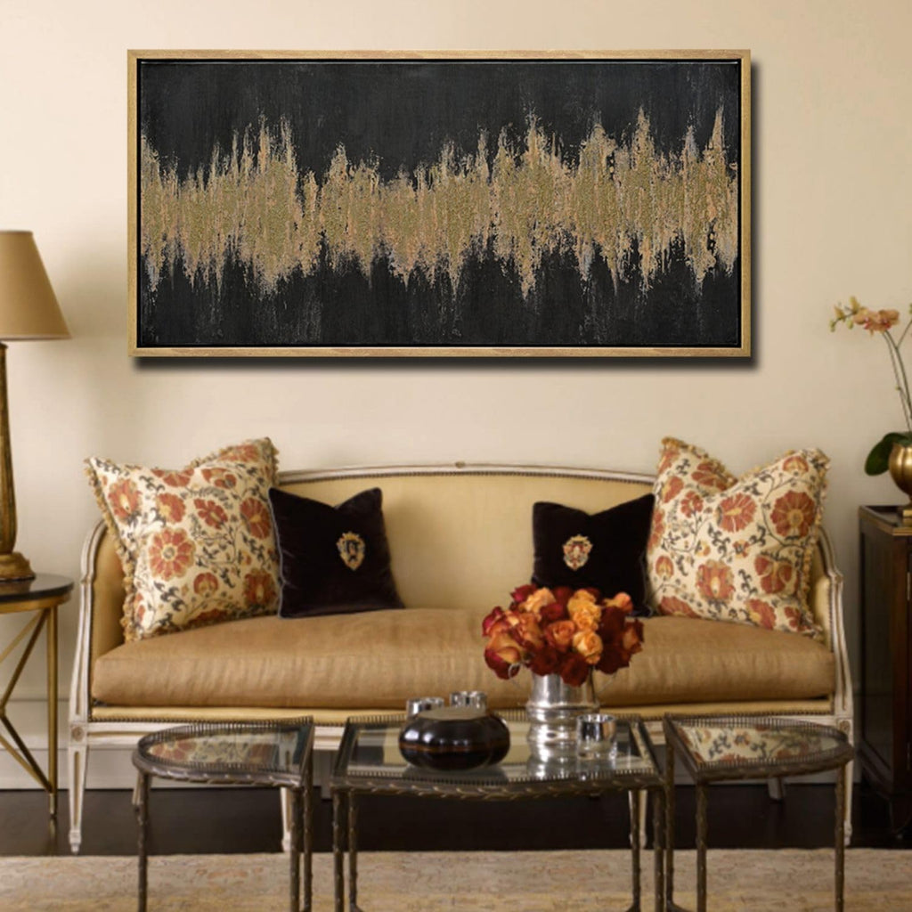 27'x56' Framed Black and Gold Abstract Sound Wave Textured Wall Art, Minimalist Pictures Canvas Wall Deco for Living Room Bedroom Office Gallery