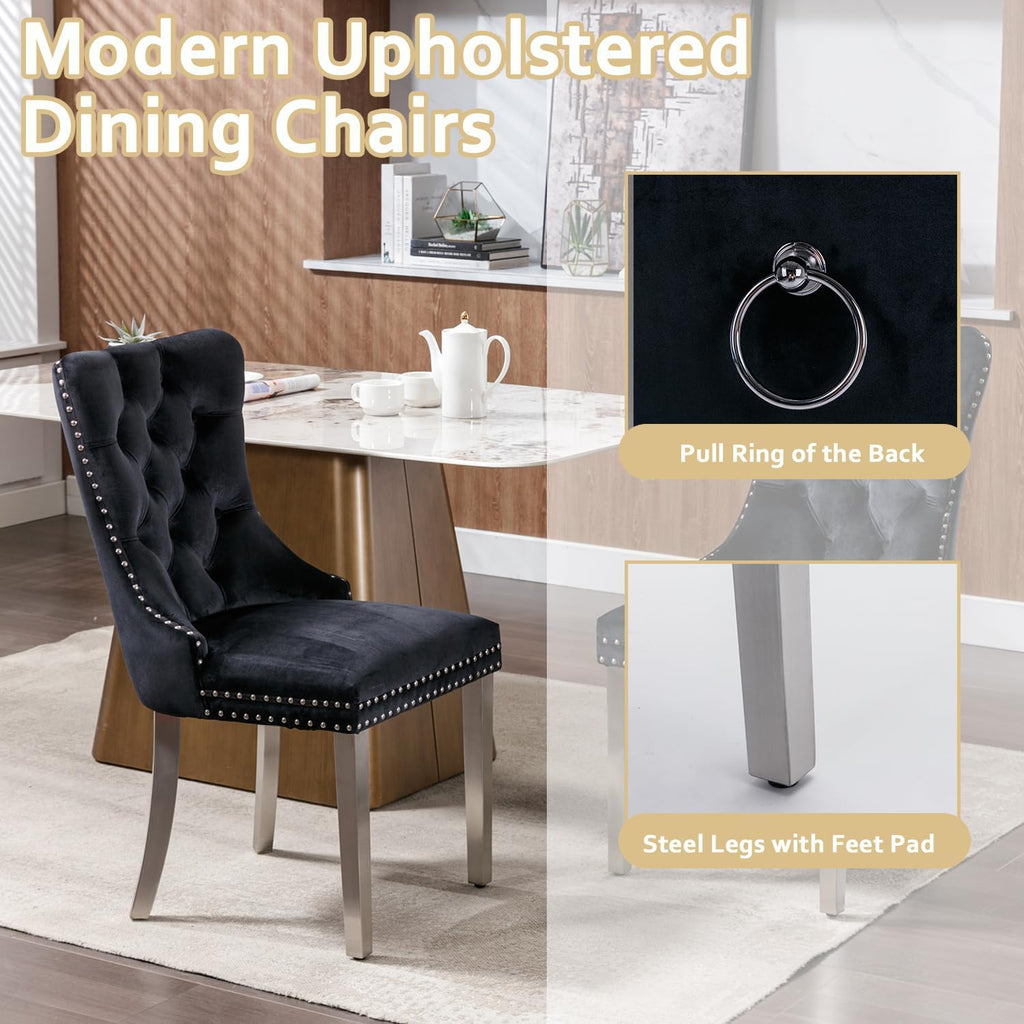 2 Piece Contemporary Velvet Upholstered Dining Chair with Chrome Stainless Steel Plating Legs, Nail Head Decro, Armless Tufted Dining Chair Fabric Dining Room Chair (Black&Silver, Set of 2)