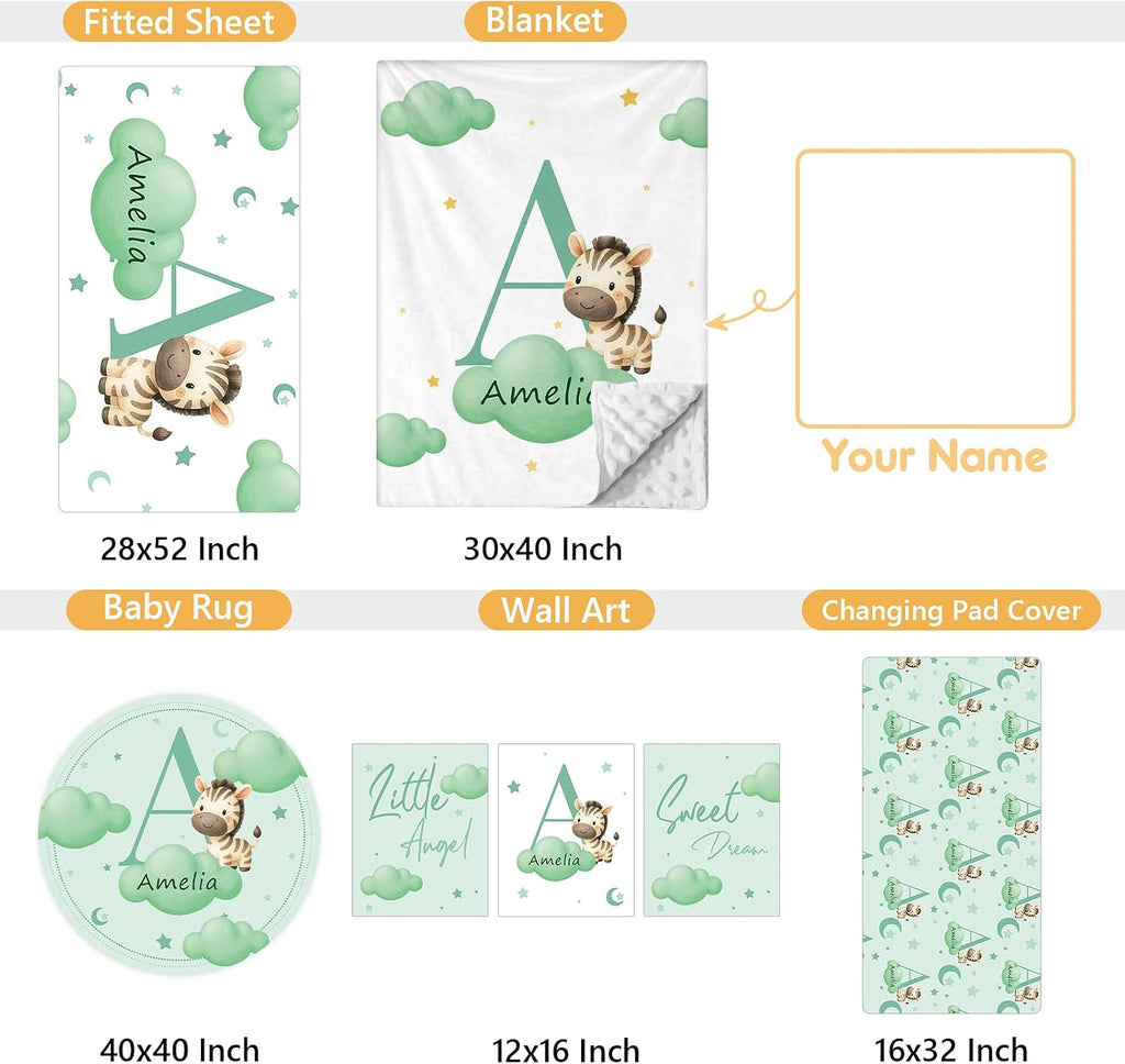 Terwex Custom Crib Bedding Set, 5 Pcs Personalized Name Baby Crib Sets for Newborns Infants Toddlers, Green Zebra Nursery Bedding Set for Boys Girls, Double Layer Baby Bedding Sets Customized Gifts