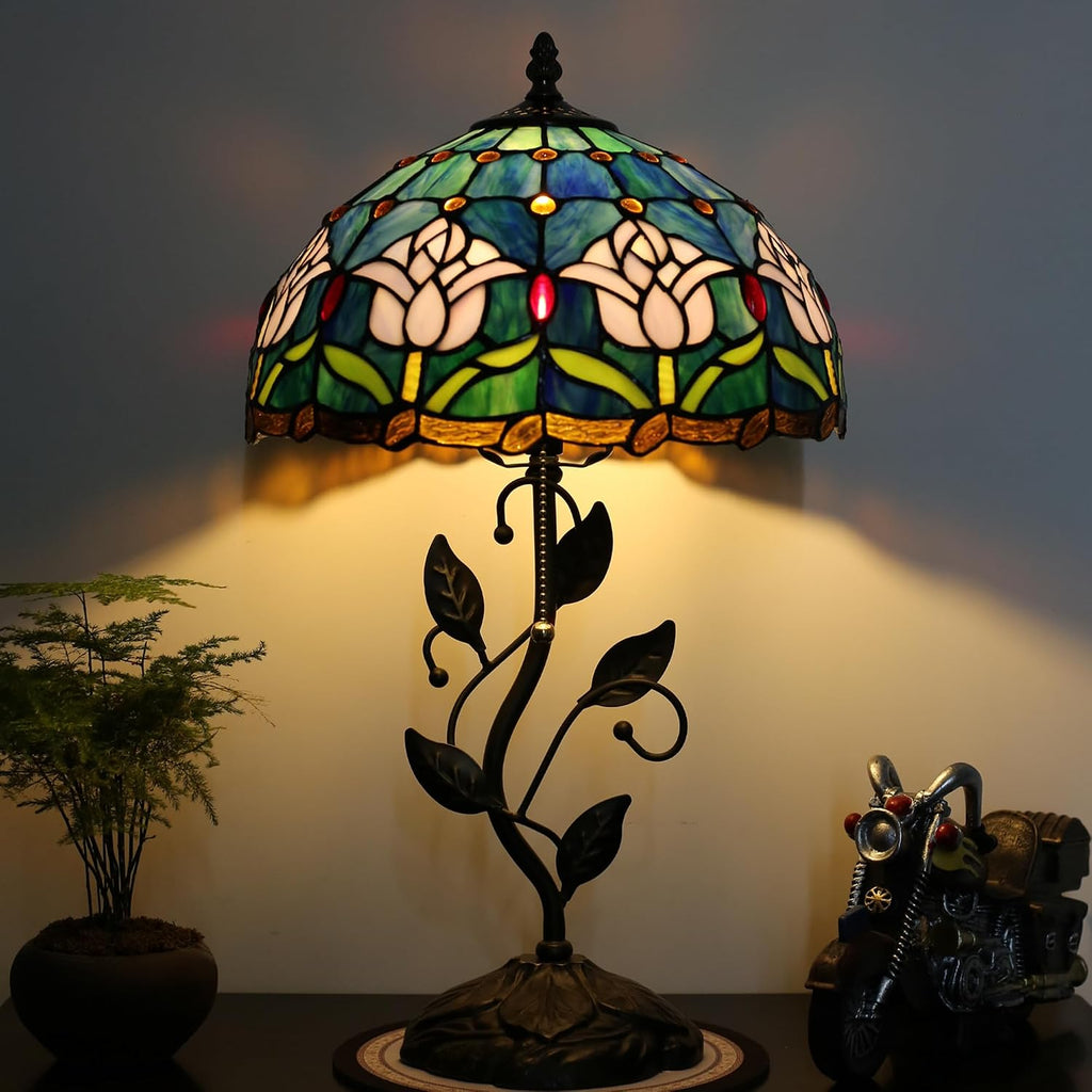Tiffany Lamp Stained Glass Style Table Lamp Pink Tulips Style Bedside Desk Reading Light W12H19 Inch Metal Leaf Base with Metal Leaf Base