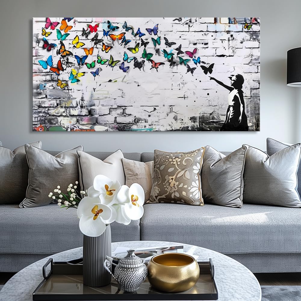 Colorful Graffiti Wall Art Funny Butterfly Paintings Banksy Street Art Mural Pop Art Home Office Wall Decor Framed Canvas Wall Decor for Living Room Ready to Hang - 71x36in