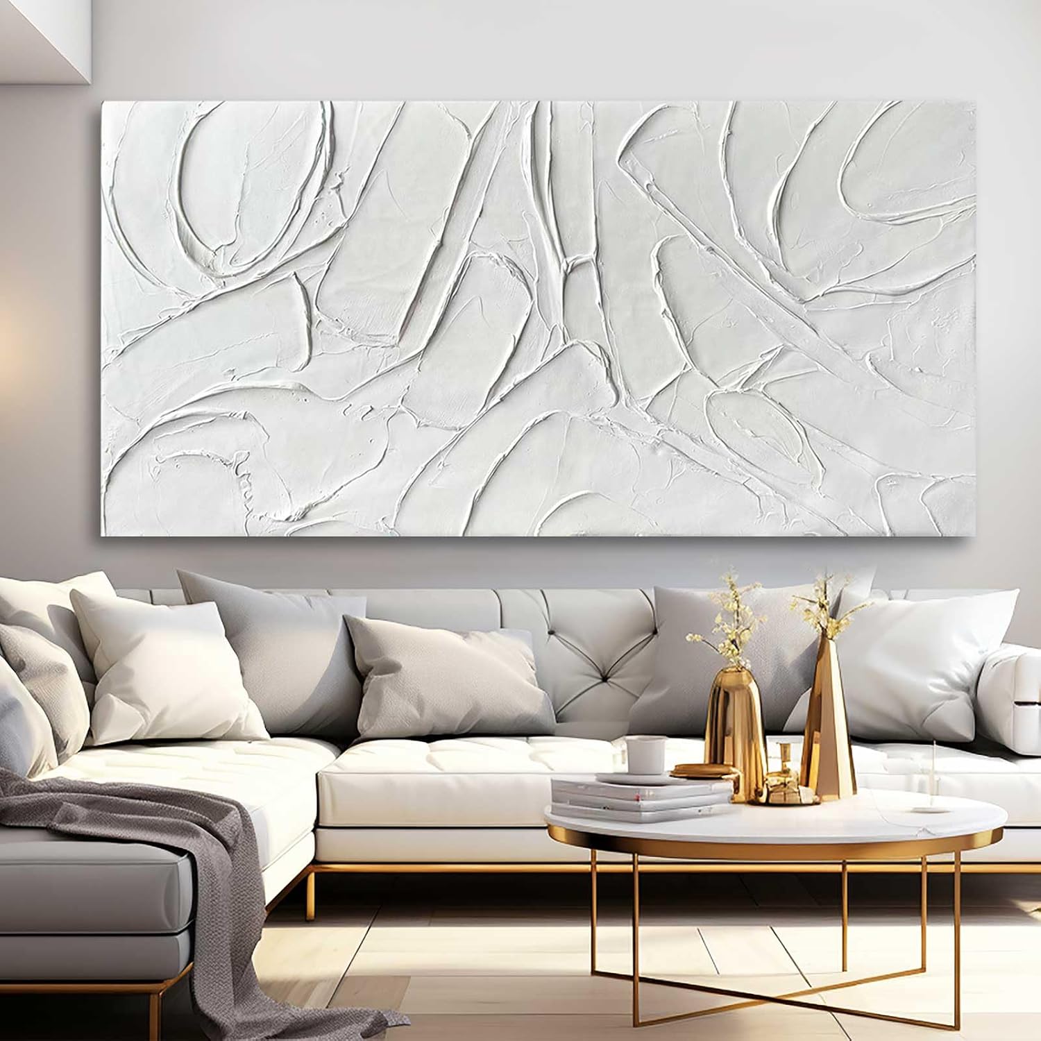 XIANSHOU Oil Painting Art Wall Decor Pictures for Living Room Big Wall Artwork White Painting 29'x 58' Modern Abstract Wall Decor Bedroom Office Ready to Hang
