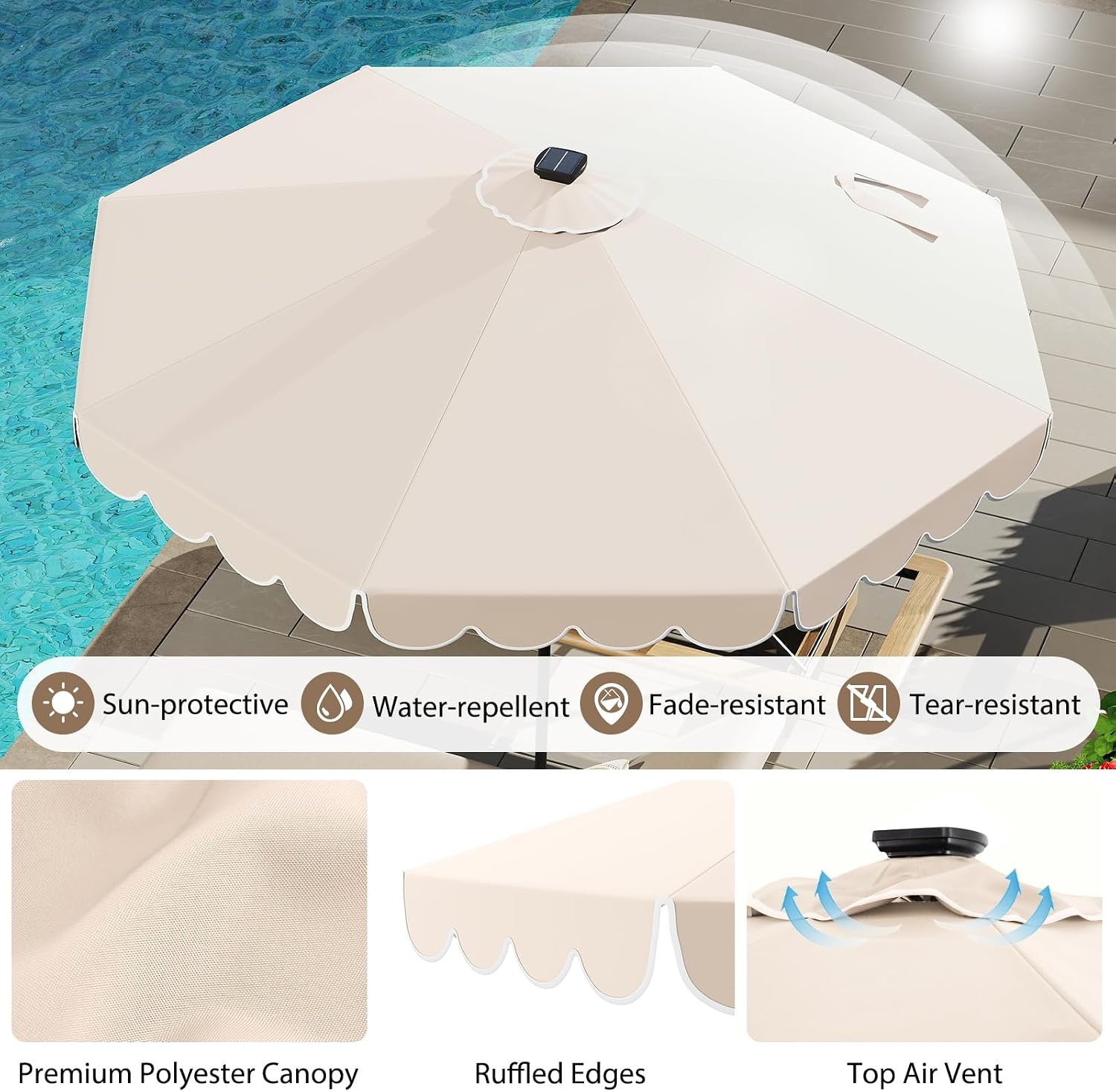 Tangkula 10FT Solar LED Patio Umbrella, 2-Tiers Scalloped Outdoor Table Market Umbrella with 24 LED Lights, Vented Top, Tilt Adjustment, Crank, 8 Ribs for Backyard Poolside Deck Beach Lawn (Beige)