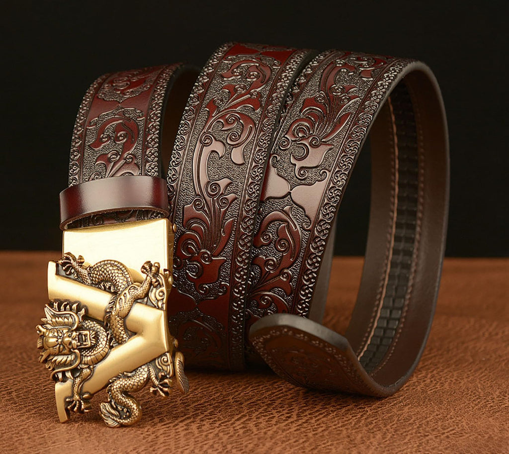 Mens Ratchet Leather Belt, Genuine Leather belts, Engraved Vintage Dragon Eagle Tiger Buckle, Business leisure belt