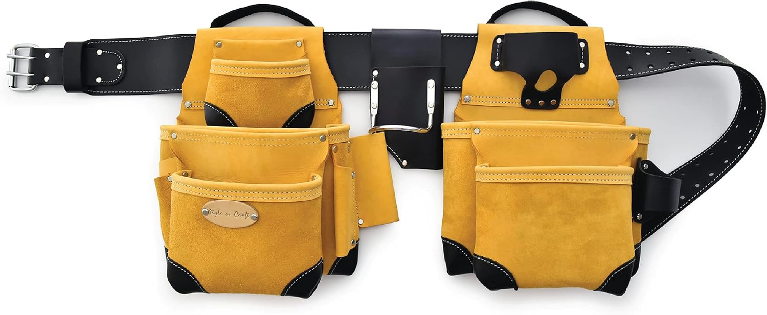 Style n Craft 4-Piece and 17-Pocket Pro Framer's Combo, Tool Belt with 2 Tool Pouches and 1 Pliers and Hammer Holder, Full-Grain Leather Tool Belt Combo, Yellow with Black Leather Corners (93414)