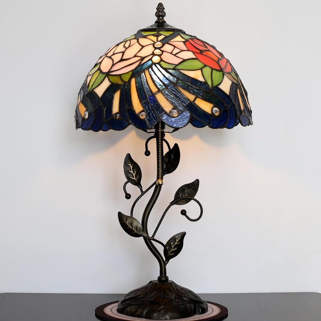 Tiffany Lamp Stained Glass Style Table Lamp Rose Style Bedside Desk Reading Light W12H19 Inch Metal Leaf Base with Metal Leaf Base
