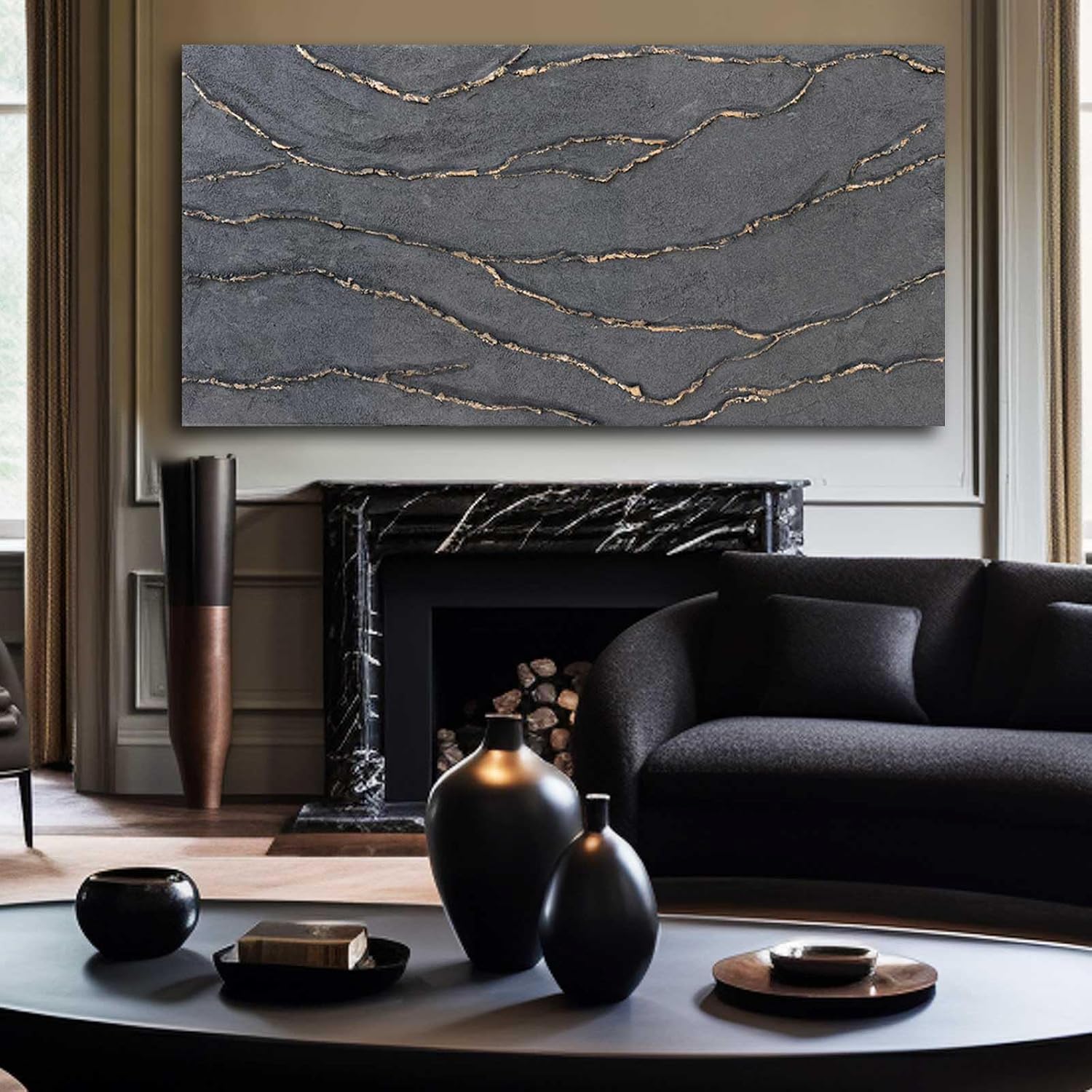 XIANSHOU Canvas Wall Art Hand Painted Large Gold and Grey Abstract Painting Textured Wall Decor 29'x58' Home Artwork Decoration for Living Room Office Bedroom Dining Room