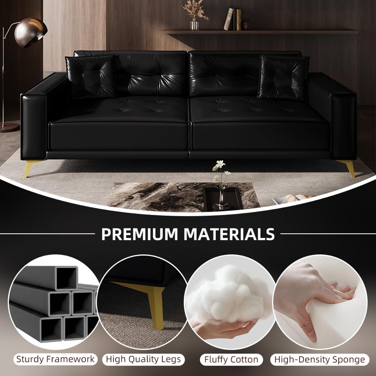 92.1' Chesterfield 3 Seater Pull Out Sofa Bed King Size with 2 Pillows and Golden Legs, PU Leather 3-in-1 Convertible Sleeper Cloud Couch with Tufted Backrest, Black