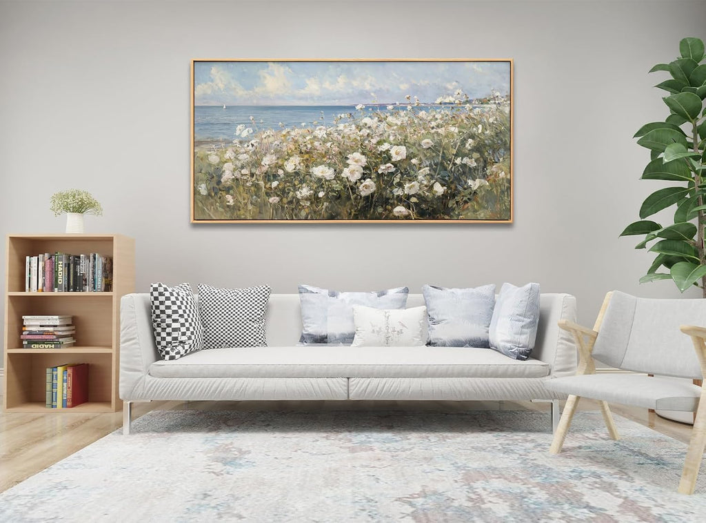 Large Framed Wall Art for Living Room Decor - Farmhouse Beach Coastal Painting Vintage Floral Ocean Wall Picture 3d Textured Flowers Canvas Print Artwork for Home Bedroom Office 24'x48'(Framed
