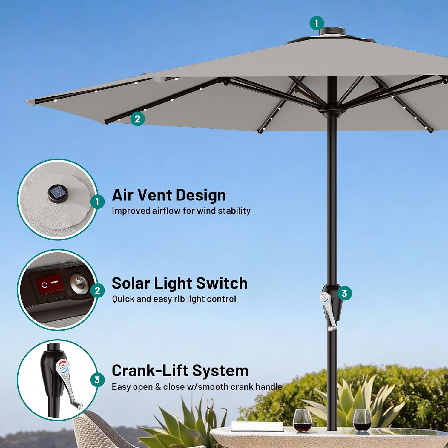 AreShark 12FT Large Patio Umbrella with Solar Lights, Solar Powered Outdoor Umbrella with Crank, Patio Table Market Umbrellas for Garden, Deck, Backyard, Pool and Beach, Light Gray