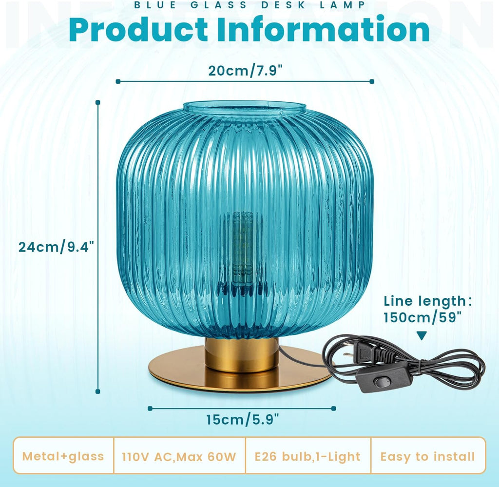 Blue Table Lamps for Bedroom Set of 2, Small Glass Table Lamp Plug in with On/Off Switch, Mid Century Modern Globe Bedside Lamp Coastal Lamps for Bedrooms Living Room Study Room