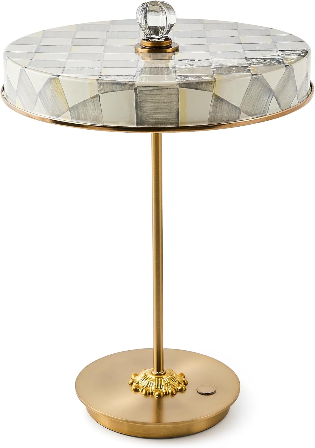 MACKENZIE-CHILDS LED Rechargeable Disk Table Lamp, Cordless Touch Lamp, Gray-and-White Sterling Check