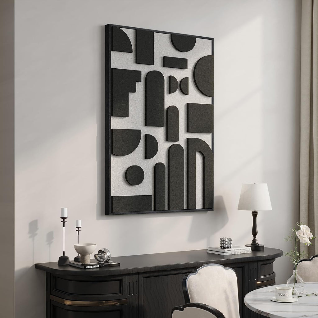 Framed 3D Black and White Abstract Wall Art, Modern Geometric Block Artwork for Walls, Minimalist Shape Pictures for Living Room Bedroom Dining Room Hallway Home Office Wall Decor, 24x36 In