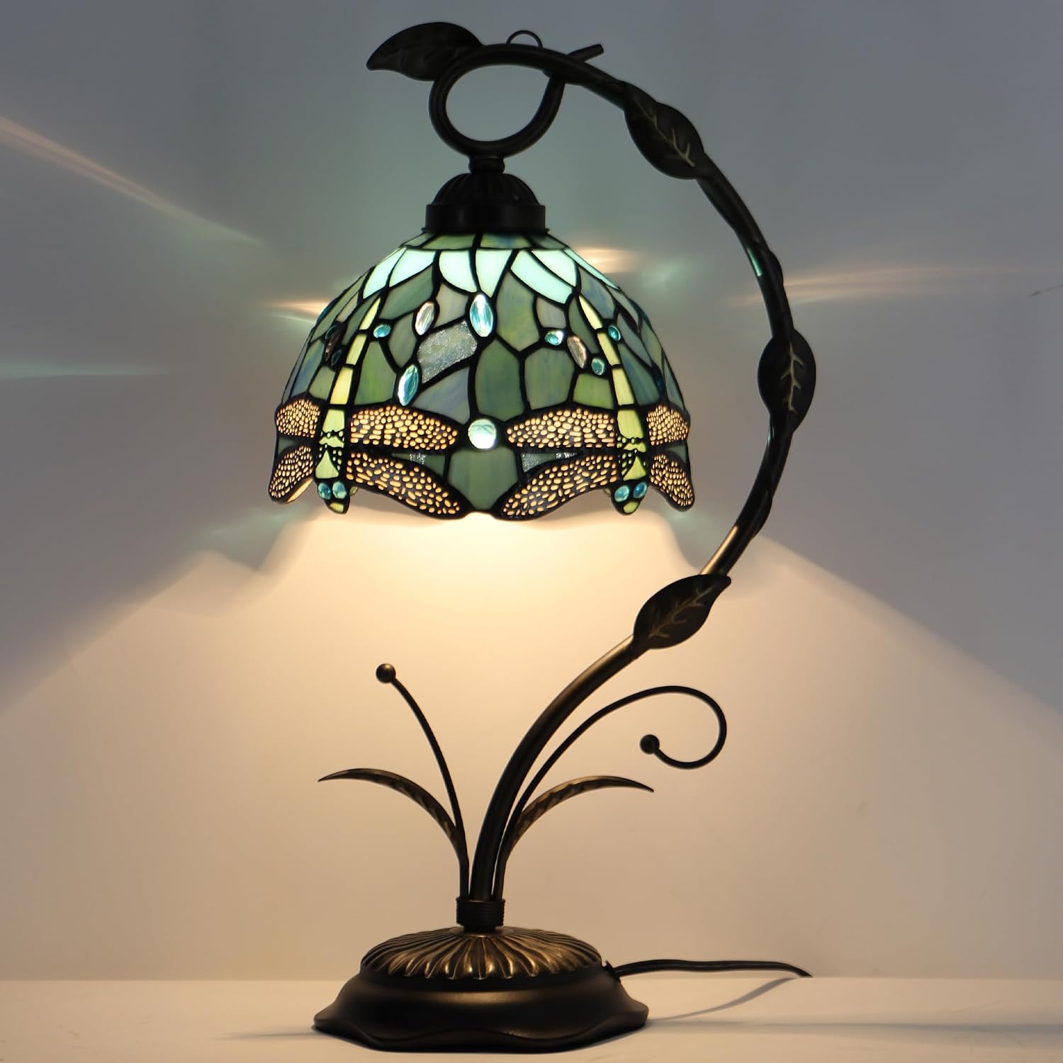 Tiffany Lamp Stained Glass Table Lamp Metal Leaf Base 8X10X19 Inch Reading Desk Light (Sea Blue Dragonfly)
