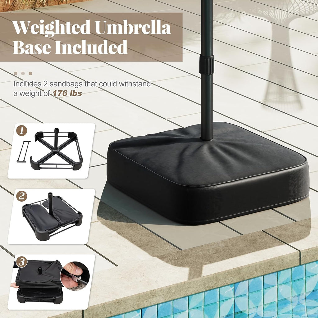 Tangkula 15FT Double-Sided Solar Patio Umbrella, Extra-Large Outdoor Twin Umbrella with 48 LED Lights, Vented Top, Crank Handle, 12 Ribs, Weighted Base Included for Backyard Poolside Deck (Gray)
