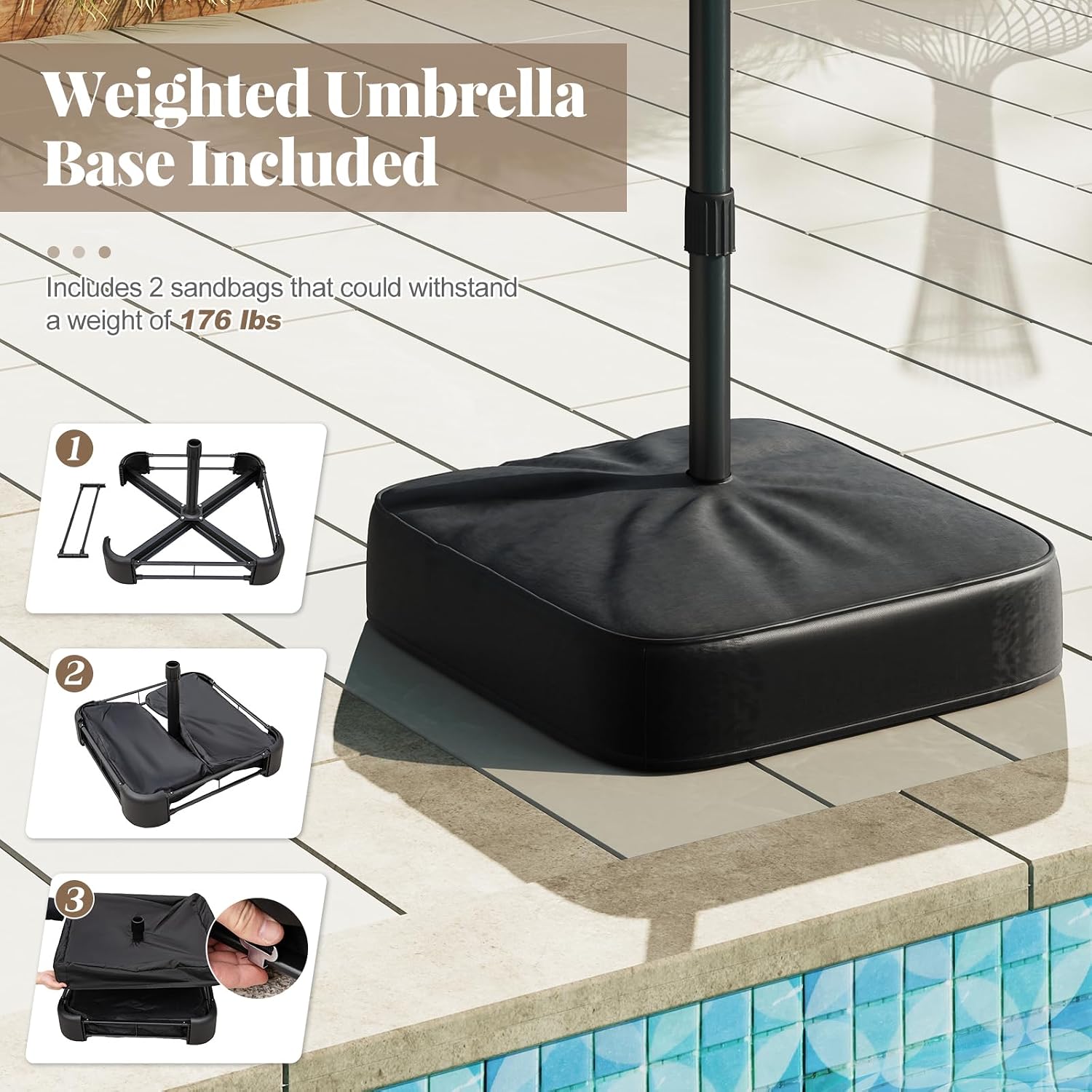 Tangkula 15FT Double-Sided Solar Patio Umbrella, Extra-Large Outdoor Twin Umbrella with 48 LED Lights, Vented Top, Crank Handle, 12 Ribs, Weighted Base Included for Backyard Poolside Deck (Gray)