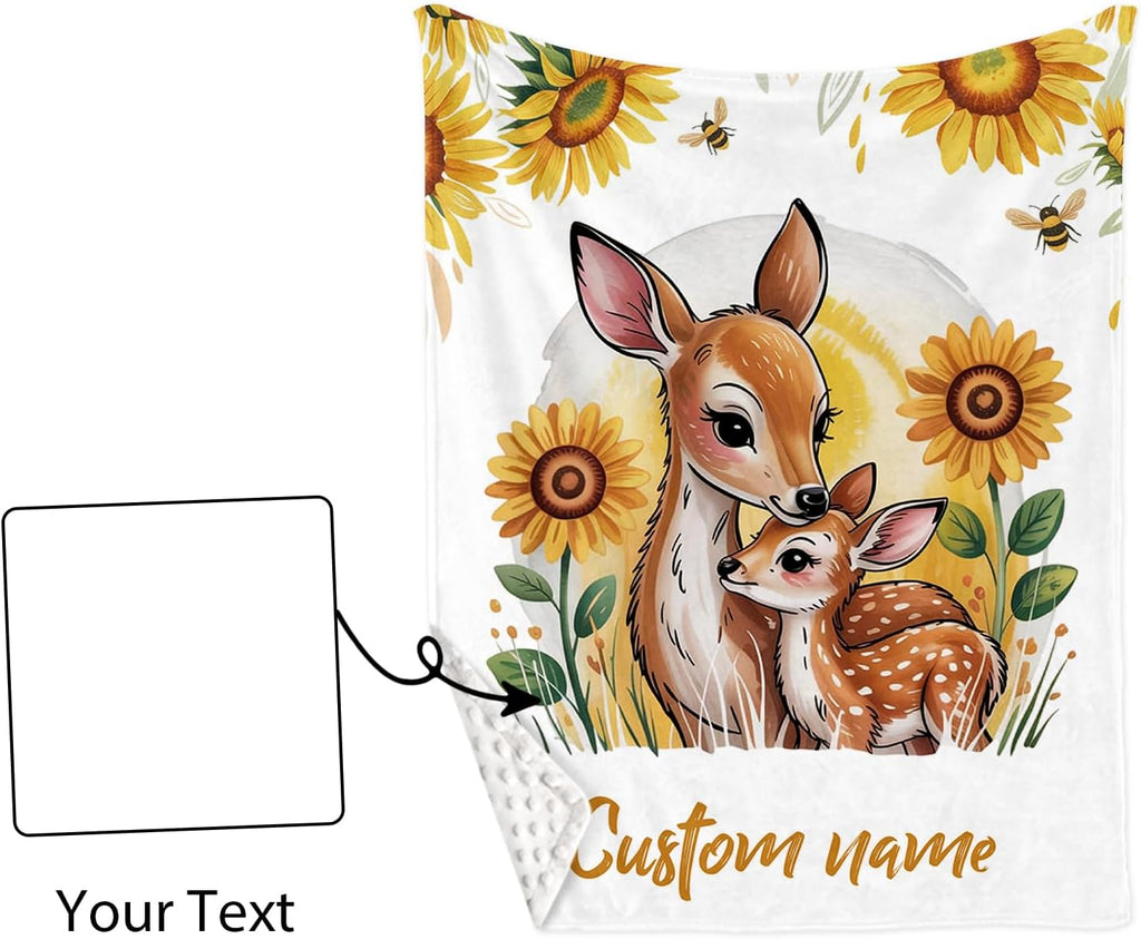 Personalized Crib Bedding Set for Baby Girls, Custom Name Baby Crib Sets 5-Pcs Include Toddler Double Layer Blanket Fitted Sheet Changing Pad Cover Rug Wall Art Set, Sika Deer Pattern Nursery Décor