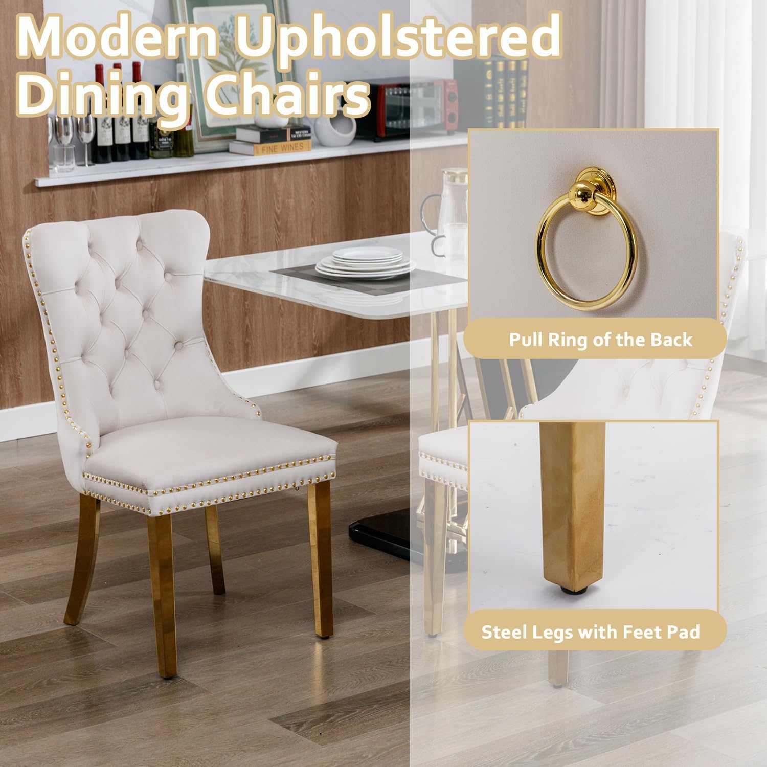 2 Piece Contemporary Velvet Upholstered Dining Chair with Chrome Stainless Steel Plating Legs, Nail Head Decro, Armless Tufted Dining Chair Fabric Dining Room Chair (Beige&Gold, Set of 2)