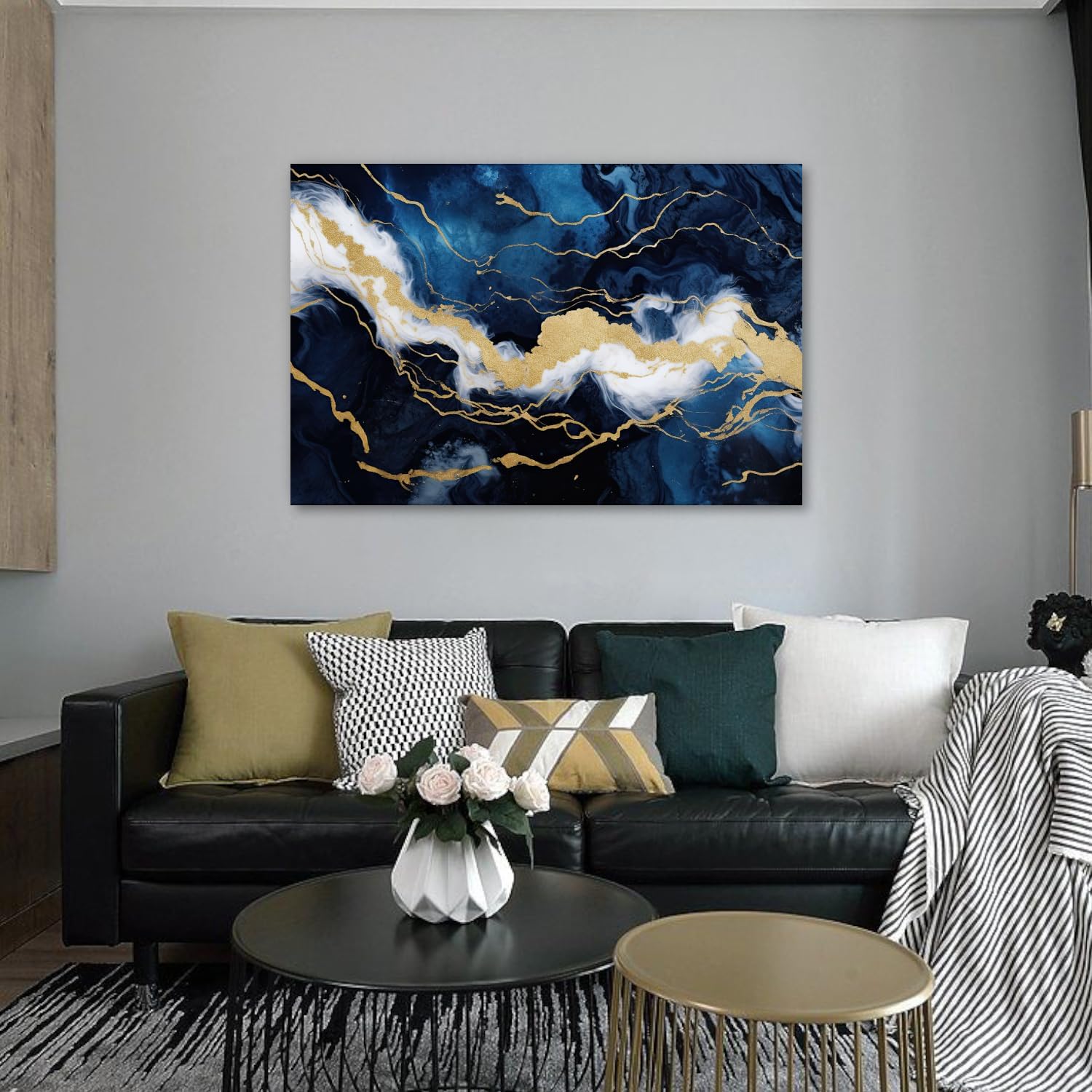 Large Abstract Wall Art Navy Blue and Gold Picture Living Room Decor Modern Marble Texture Painting Canvas Prints for Bedroom Bathroom Home Decor Framed(Abstract-3,28.00'x42.00')