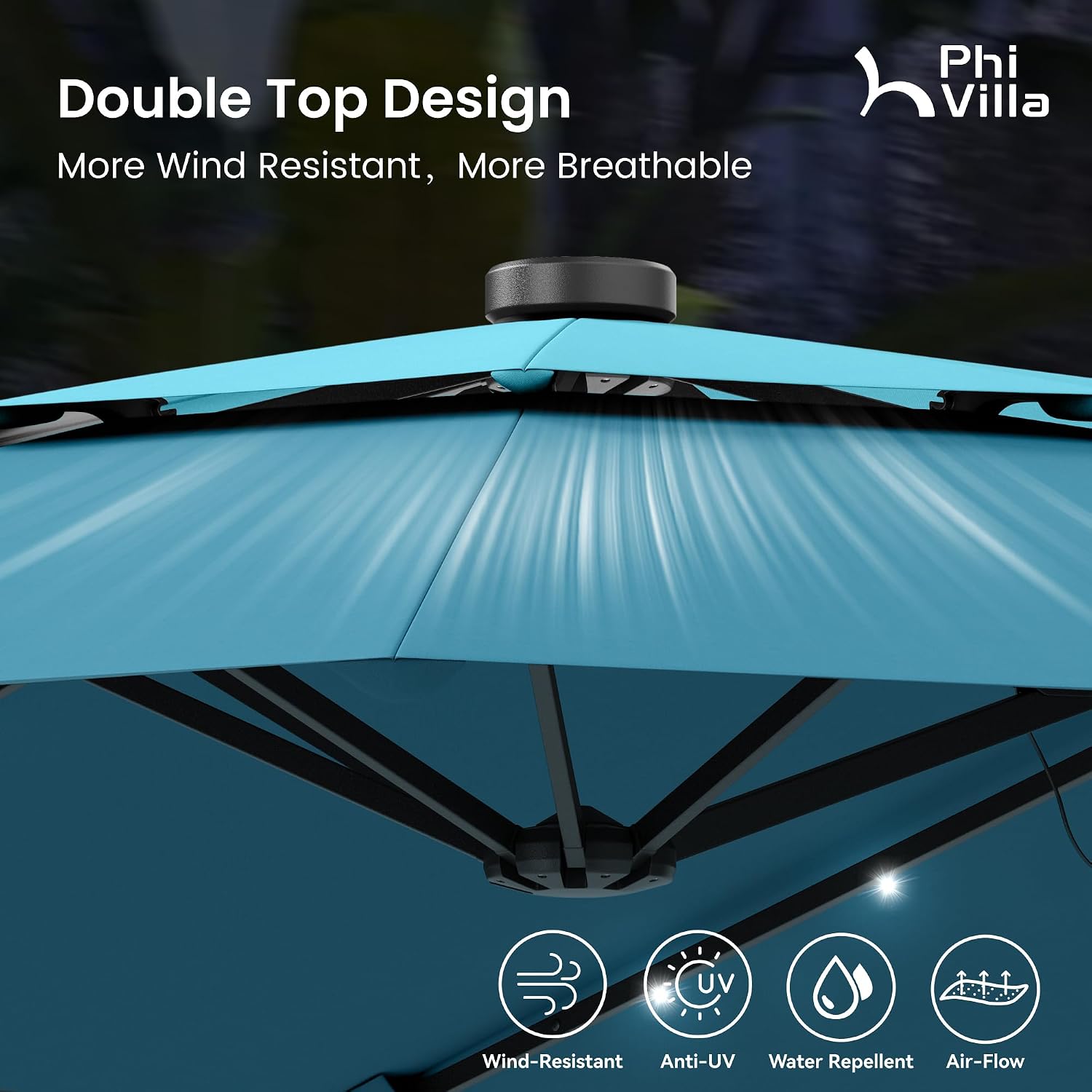 PHI VILLA 15ft 2-Tier Large Patio Umbrella with Solar Lights, Double-Sided Outdoor Market Rectangle Umbrellas with 36 LED Lights, Umbrella Base (Stand) Included, Blue&Cerulean
