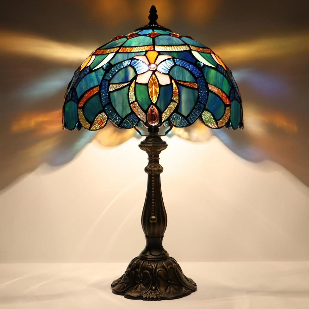 Tiffany Lamp Table Lamp Bedside Reading Light W12H19 Inches (Blue Baroque Style)