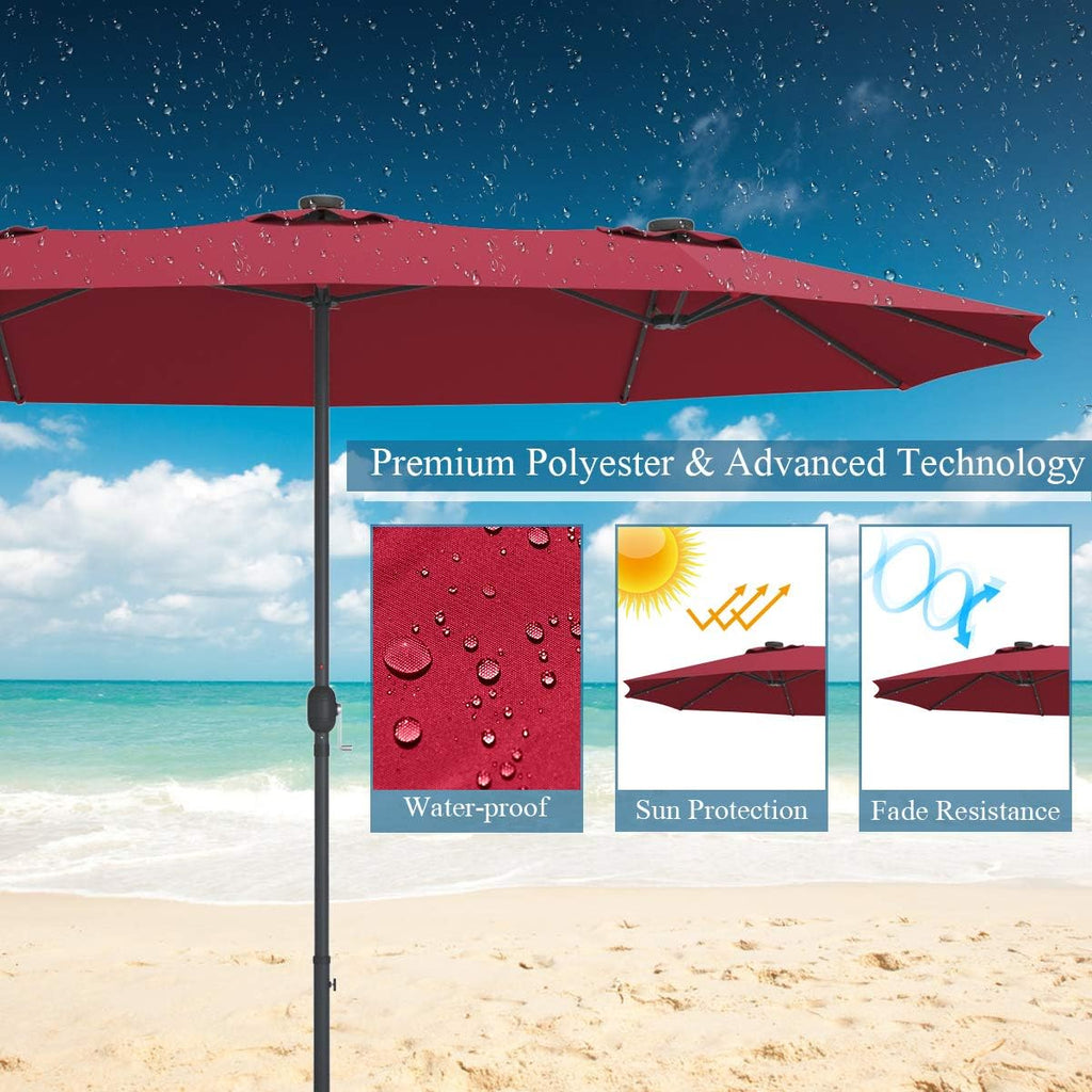 Tangkula 15 Ft Double Sided Patio Umbrella with Solar Lights, Extra Large Rectangle Outdoor Umbrella with 36 LED Lights & Crank Handle for Deck, Poolside, Garden, Backyard (Burgundy)
